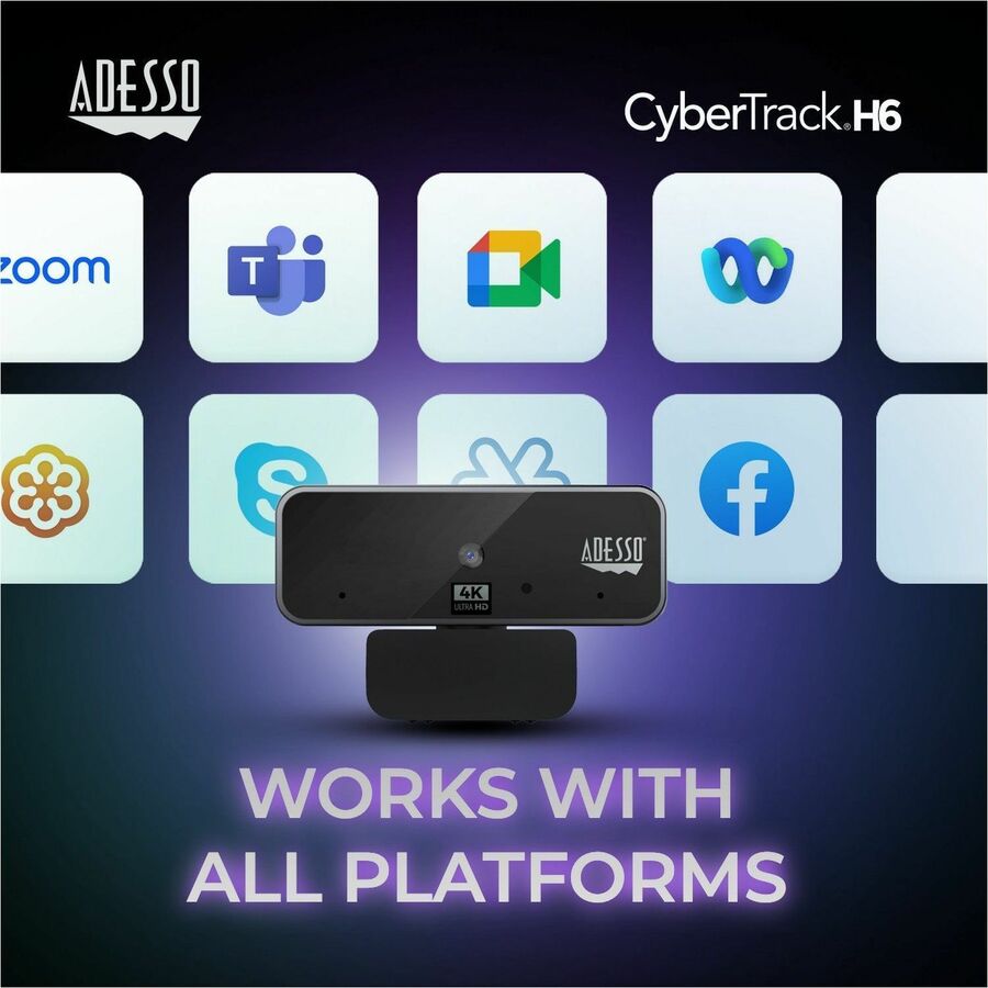 Adesso CyberTrack H6 4K Ultra HD Webcam - 8 Megapixel - 30 fps - USB 2.0 - Fixed Focus - Tripod mount - Privacy shutter
