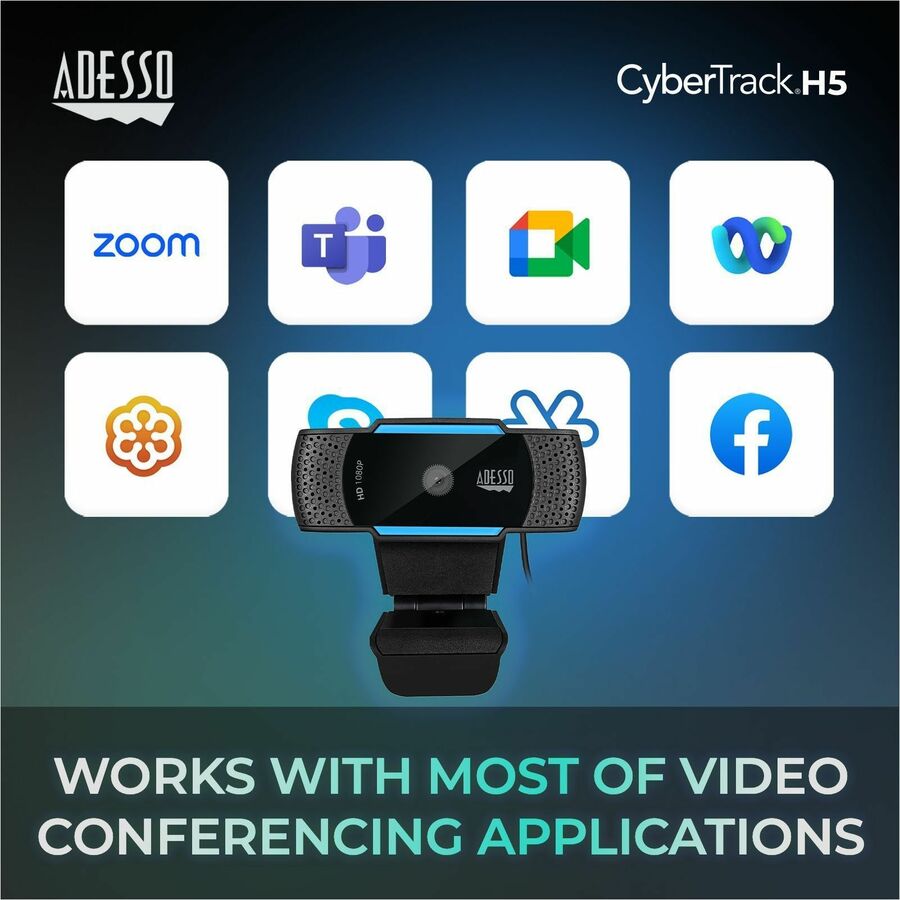 Adesso CyberTrack H5 1080P Webcam - 2.1 Megapixel - 30 fps - USB 2.0 - Auto Focus - Built-In MIC - Tripod Mount - Privacy Shutter Cover