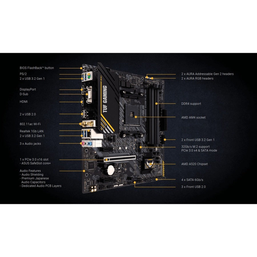 TUF GAMING A520M-PLUS WIFI Gaming Desktop Motherboard - AMD A520 Chipset - Socket AM4 - Micro ATX