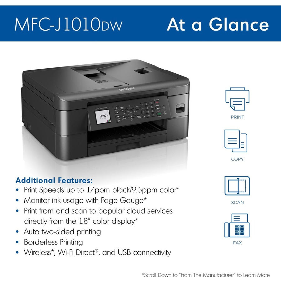 Brother MFC MFC-J1010DW Inkjet Multifunction Printer-Color-Copier/Fax/Scanner-17 ppm