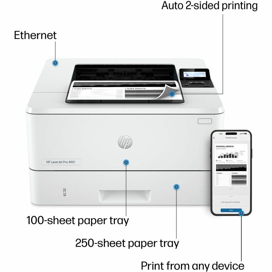 Impresora láser monocromática HP LaserJet Pro 4001 4001dn con cable de escritorio