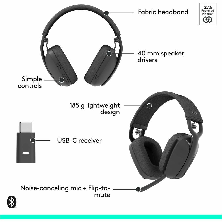 Logitech Zone Vibe Wireless Bluetooth® headphones with USB receiver and noise-canceling mic