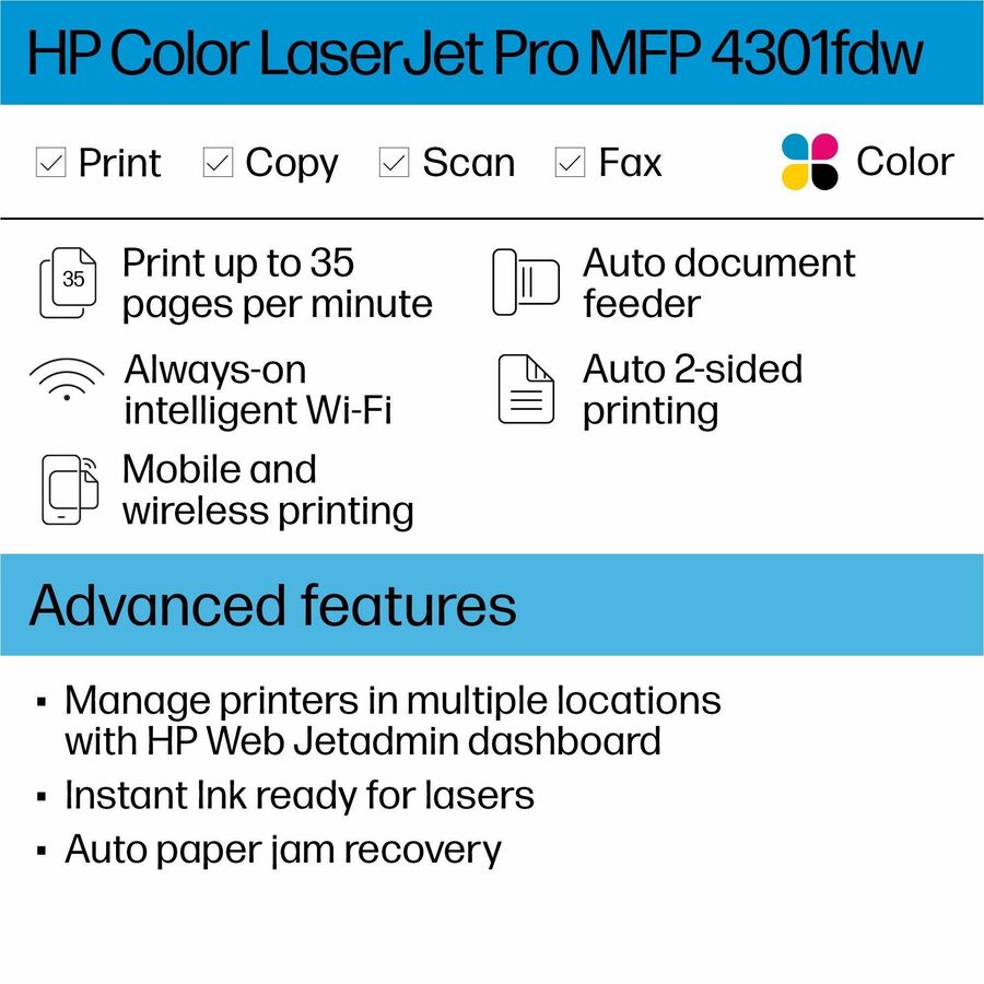 HP LaserJet Pro 4301fdw Laser Multifunction Printer - Color