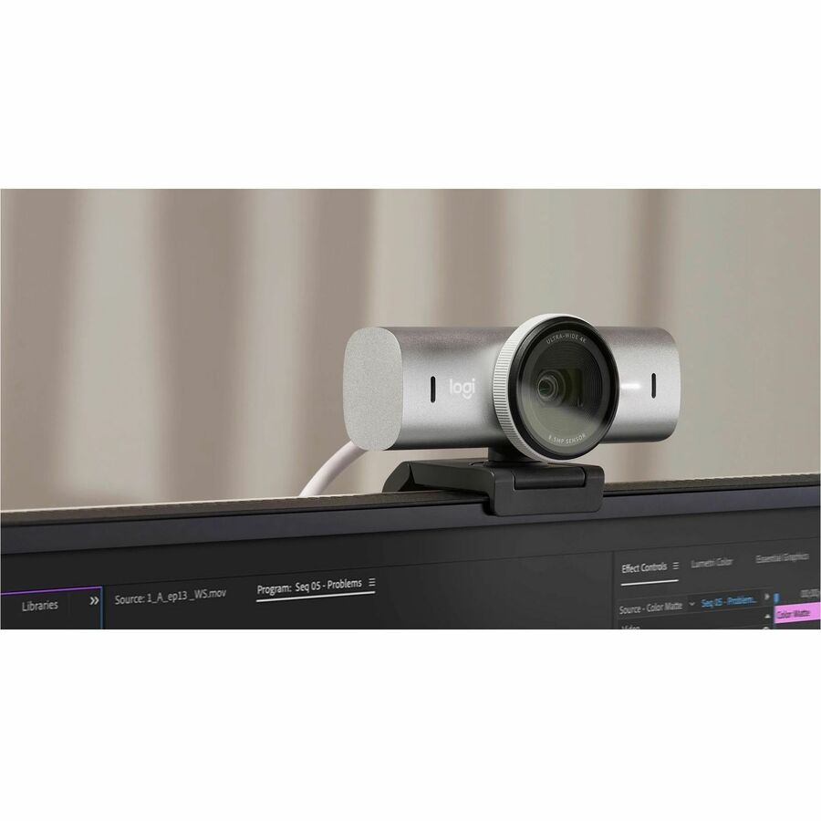 Logitech MX Brio Ultra HD 4K Collaboration and Streaming Webcam, 1080p at 60 FPS, Dual Noise Reducing Mics, Show Mode, USB-C, Webcam Cover, Works with Microsoft Teams, Zoom, Google Meet, Pale Gray