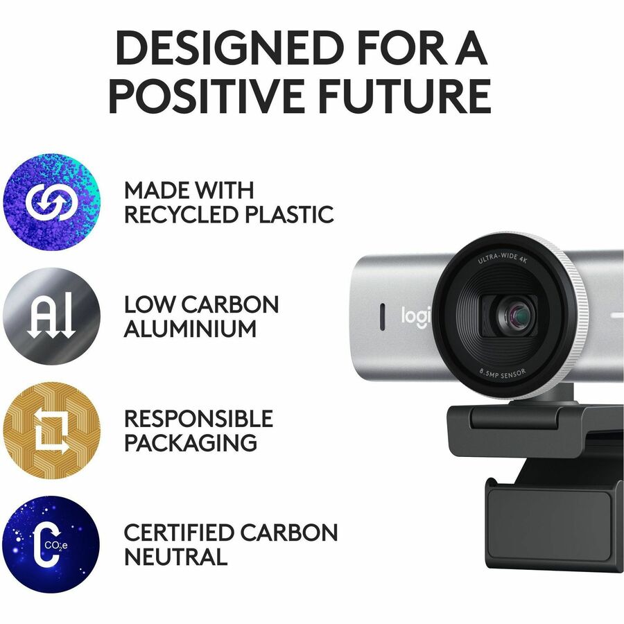 Logitech MX Brio Ultra HD 4K Collaboration and Streaming Webcam, 1080p at 60 FPS, Dual Noise Reducing Mics, Show Mode, USB-C, Webcam Cover, Works with Microsoft Teams, Zoom, Google Meet, Pale Gray