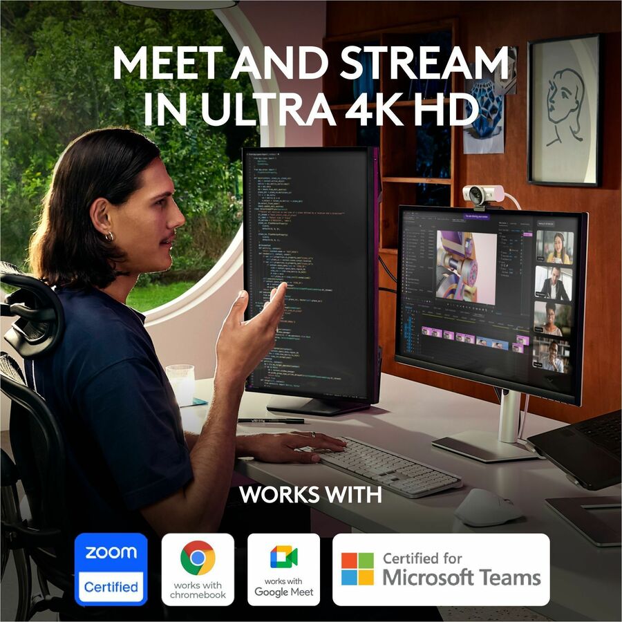 Logitech MX Brio Ultra HD 4K Collaboration and Streaming Webcam, 1080p at 60 FPS, Dual Noise Reducing Mics, Show Mode, USB-C, Webcam Cover, Works with Microsoft Teams, Zoom, Google Meet, Pale Gray