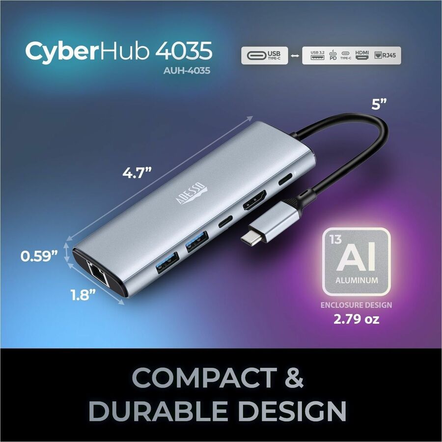 Adesso AUH-4035 7 in 1 Docking Station, Supports USB C to x1 4K HDMI, 3x USB-A 3.2, 1x PD, 1x Micro SD, 1x SD Card
