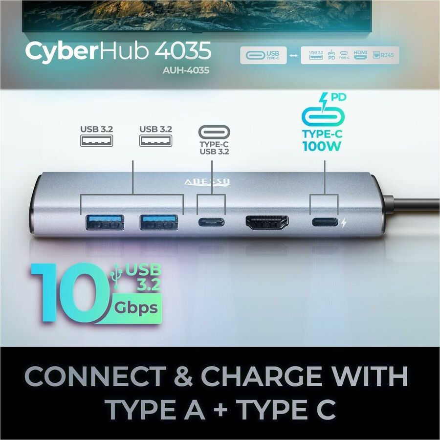 Adesso AUH-4035 7 in 1 Docking Station, Supports USB C to x1 4K HDMI, 3x USB-A 3.2, 1x PD, 1x Micro SD, 1x SD Card