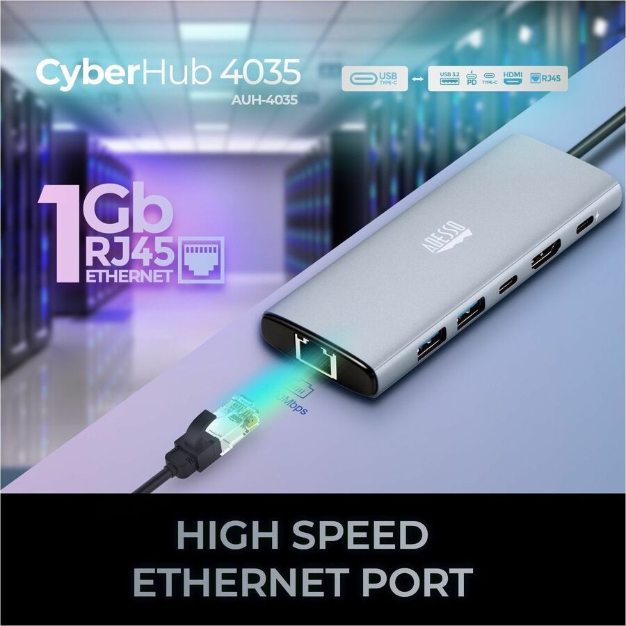 Adesso AUH-4035 7 in 1 Docking Station, Supports USB C to x1 4K HDMI, 3x USB-A 3.2, 1x PD, 1x Micro SD, 1x SD Card