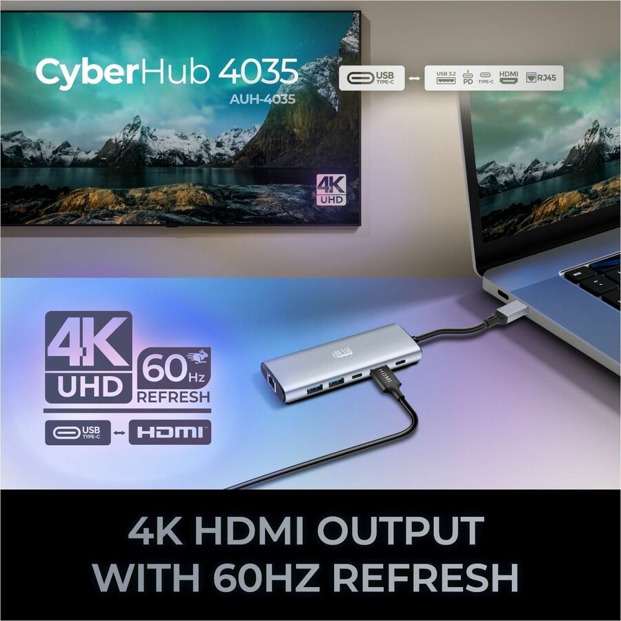 Adesso AUH-4035 7 in 1 Docking Station, Supports USB C to x1 4K HDMI, 3x USB-A 3.2, 1x PD, 1x Micro SD, 1x SD Card