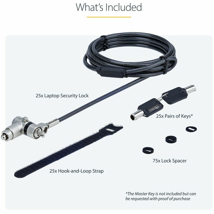 StarTech.com 25-Pack Universal Laptop Lock 6.6ft, Master Keyed Locking Cable, Security Cable, Compatible w/Noble Wedge®/Nano/K-Slot