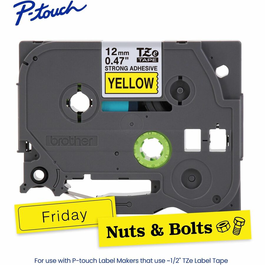 Brother Genuine P-touch TZeS631 BK on YL Label Tape, Strong Adhesive Lam., 12mmX8m