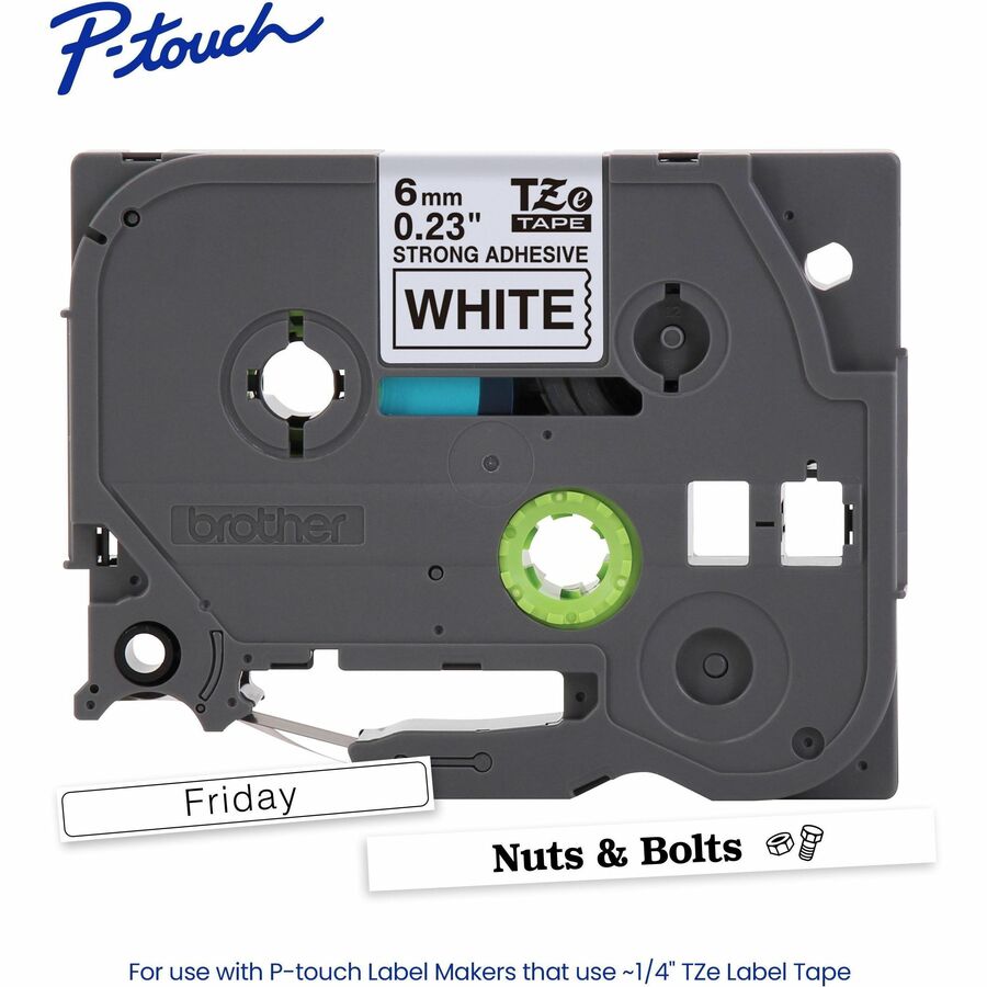 Brother Genuine P-touch TZeS211 BK on WHT Label Tape, Strong Adhesive Lam., 6mmX8m