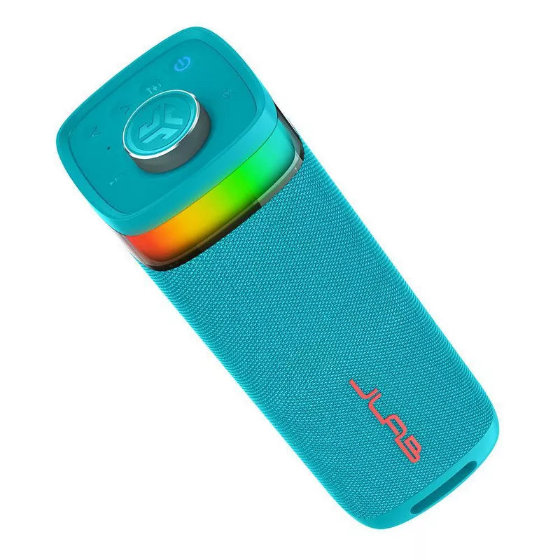 JLab Party Portable Speaker - Cyan: Dual Pairing, Waterproof Bluetooth, LED Light - Cyan