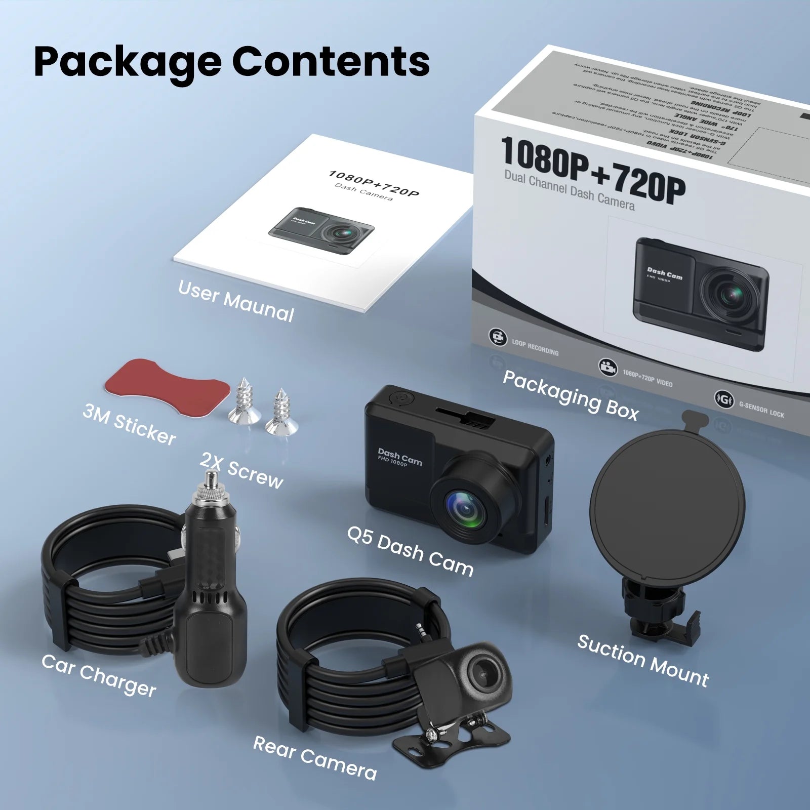 Q5 Dash Cam Front and Rear, Dash Cam 1080P Full HD with 2.45