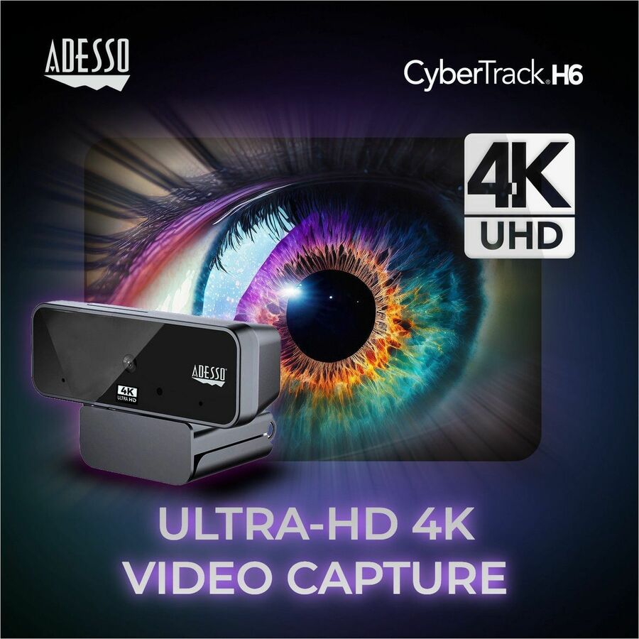 Adesso CyberTrack H6 4K Ultra HD Webcam - 8 Megapixel - 30 fps - USB 2.0 - Fixed Focus - Tripod mount - Privacy shutter