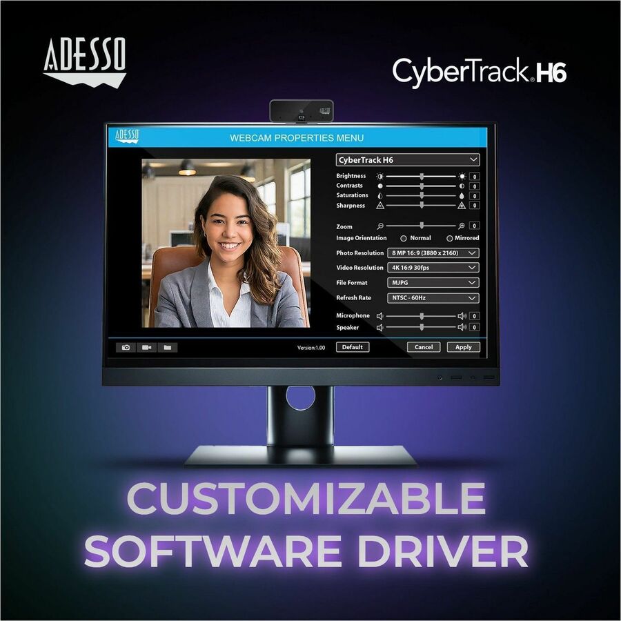 Adesso CyberTrack H6 4K Ultra HD Webcam - 8 Megapixel - 30 fps - USB 2.0 - Fixed Focus - Tripod mount - Privacy shutter