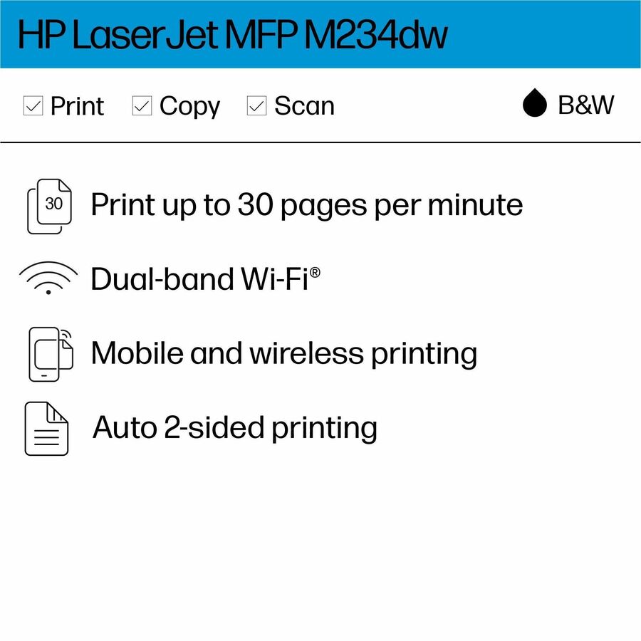HP LaserJet M234dw Laser Multifunction Printer-Monochrome-Copier/Scanner-30 ppm Mono Print-600x600 dpi Print-Automatic Duplex Print-20000 Pages-150 sheets Input-Color Flatbed Scanner-600 dpi Optical Scan-Wireless LAN-Apple AirPrint-HP Smart App