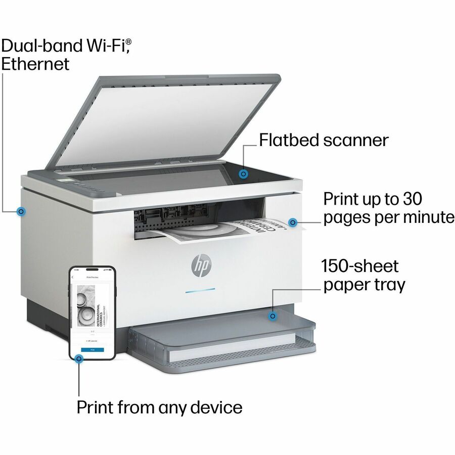 HP LaserJet M234dw Laser Multifunction Printer-Monochrome-Copier/Scanner-30 ppm Mono Print-600x600 dpi Print-Automatic Duplex Print-20000 Pages-150 sheets Input-Color Flatbed Scanner-600 dpi Optical Scan-Wireless LAN-Apple AirPrint-HP Smart App
