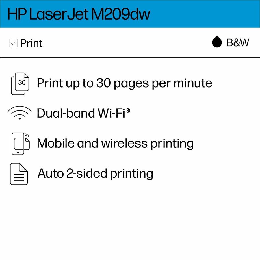 HP LaserJet 200 M209dw Desktop Wireless Laser Printer - Monochrome