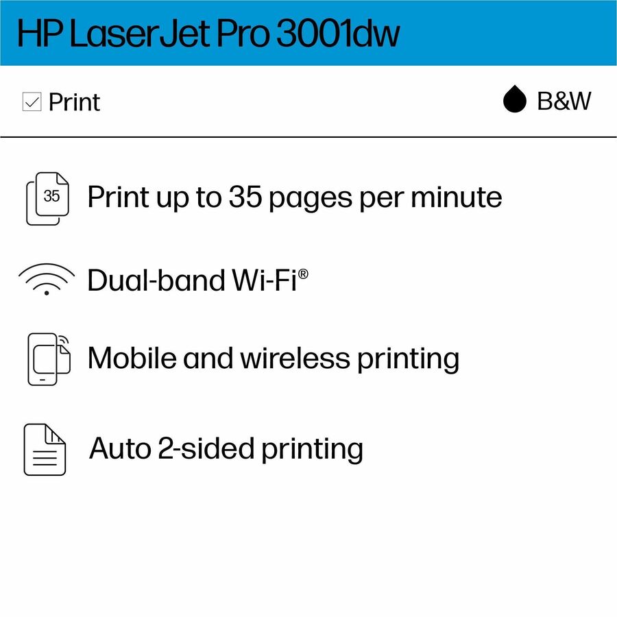 HP LaserJet Pro 3000 3001dw Desktop Wireless Laser Printer - Monochrome