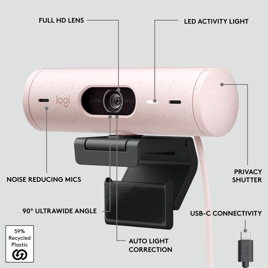 Logitech Brio 500 Full HD webcam, auto framing, noise-reducing mics, privacy shutter, streaming & video calling, Rose