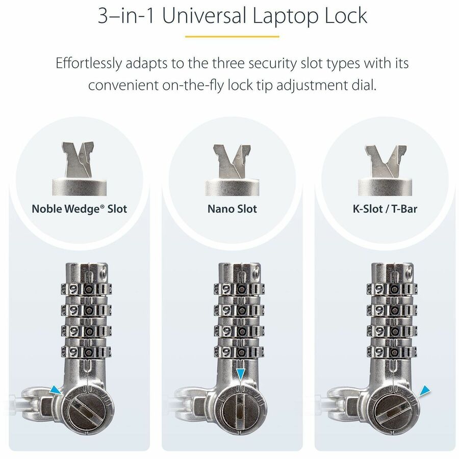 StarTech.com Universal Laptop Lock 6.6ft, Security Cable For Notebook Compatible w/Noble Wedge®/Nano/K-Slot; Keyless Combo. Locking Cable