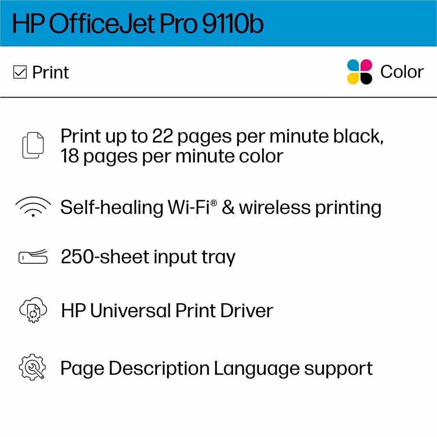 HP Officejet Pro 9110b Desktop Wireless Inkjet Printer - Color
