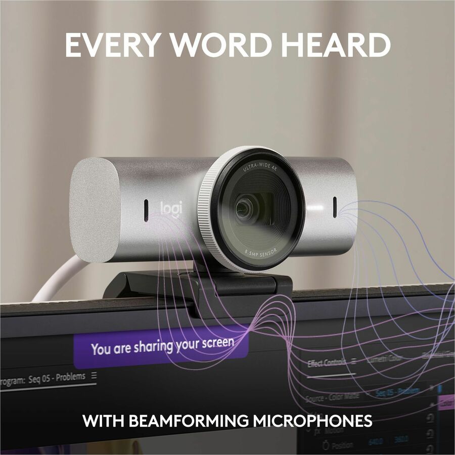 Logitech MX Brio Ultra HD 4K Collaboration and Streaming Webcam, 1080p at 60 FPS, Dual Noise Reducing Mics, Show Mode, USB-C, Webcam Cover, Works with Microsoft Teams, Zoom, Google Meet, Pale Gray