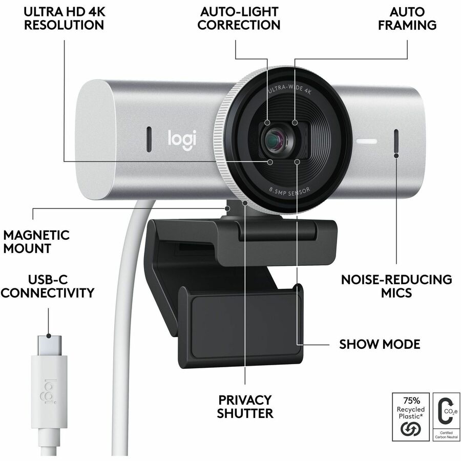 Logitech MX Brio Ultra HD 4K Collaboration and Streaming Webcam, 1080p at 60 FPS, Dual Noise Reducing Mics, Show Mode, USB-C, Webcam Cover, Works with Microsoft Teams, Zoom, Google Meet, Pale Gray
