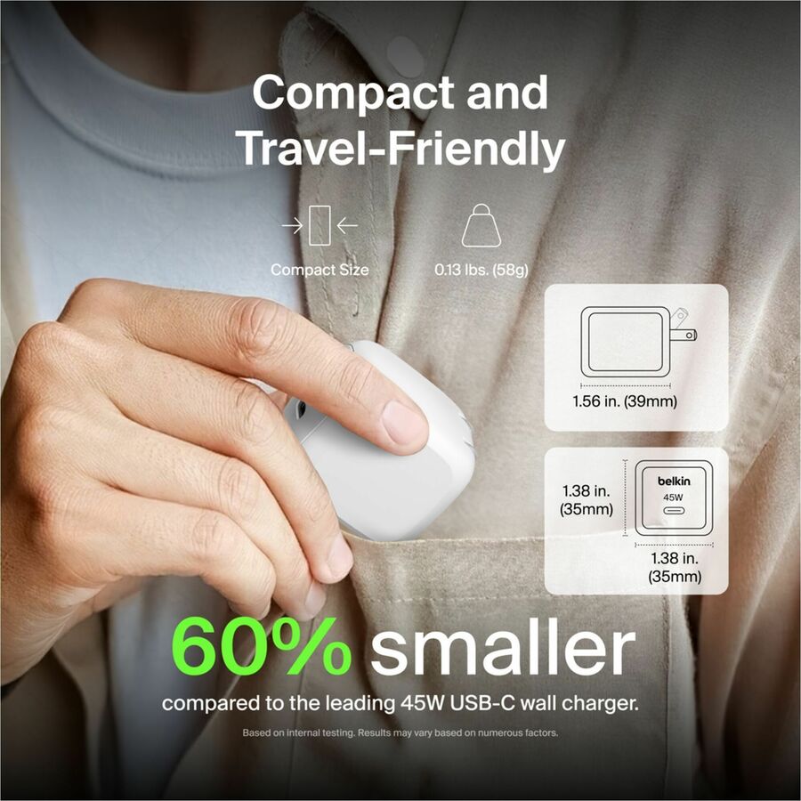 Belkin 45W Portable USB-C Wall Charger - 1xUSB-C (45W) - Fast Charge - Power Adapter - White