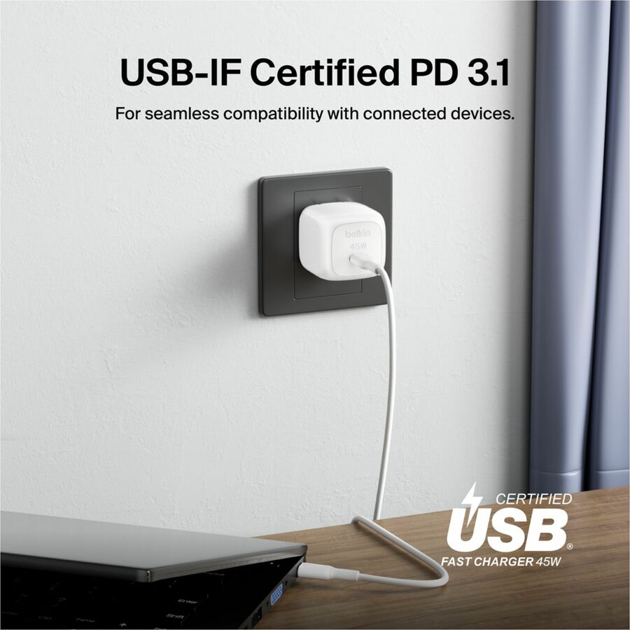 Belkin 45W Portable USB-C Wall Charger - 1xUSB-C (45W) - Fast Charge - Power Adapter - White