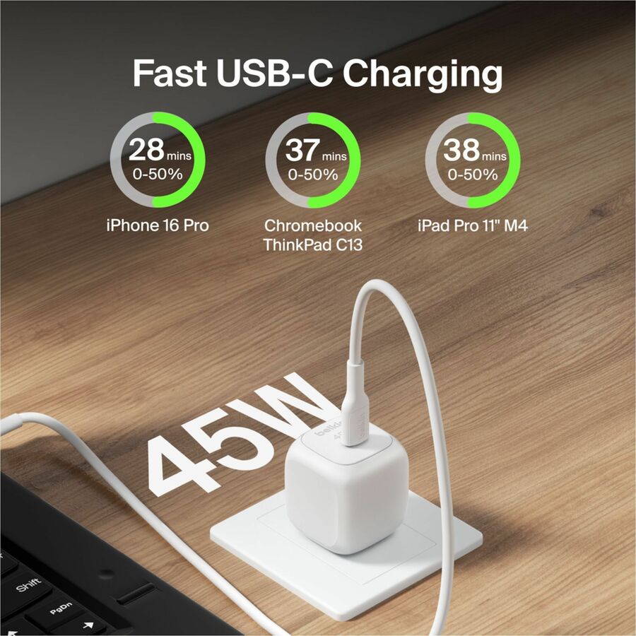 Belkin 45W Portable USB-C Wall Charger - 1xUSB-C (45W) - Fast Charge - Power Adapter - White